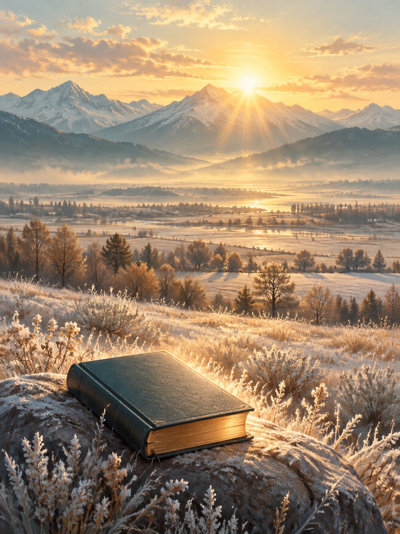 Sunrise over snowy Wasatch peaks and a frosted meadow, a closed book glowing on a rock